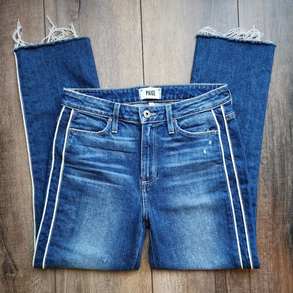 PAIGE Hoxton Straight Ankle Jeans Stripes Indigo Cream Distressed Women Size 28